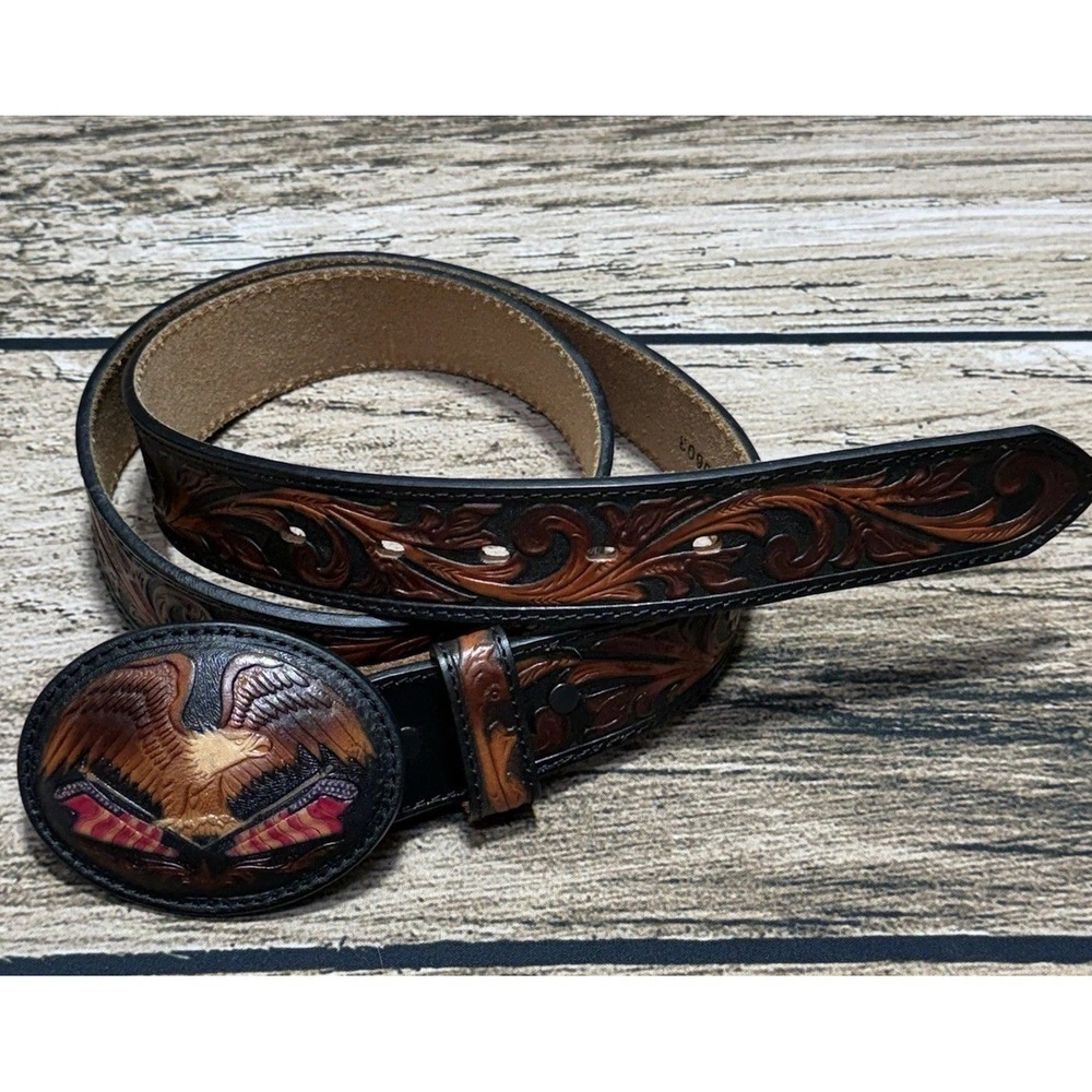 Tony Lama Western Belt 34 Brown Hand Tooled Leather Eagle American Flag 50603